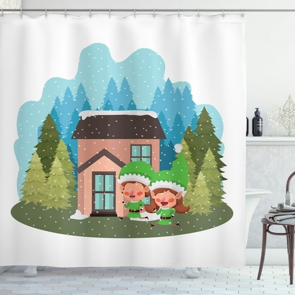 Elf Shower Curtain, House with Pine Trees in Forest and Couple Dwarf During a Snowy Winter Day, Fabric Bathroom Set with Hooks, 69W X 75L Inches Long, Pale Blue Multicolor, by Ambesonne