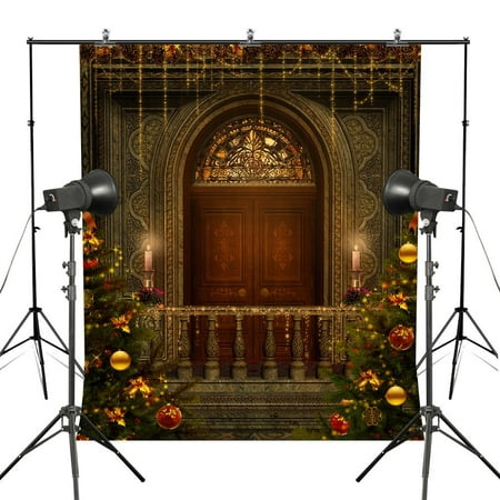 Image of GreenDecor 5x7ft Merry Christmas Castle Photography Backdrop Big Christmas Tree Wood Door Backdrop Background