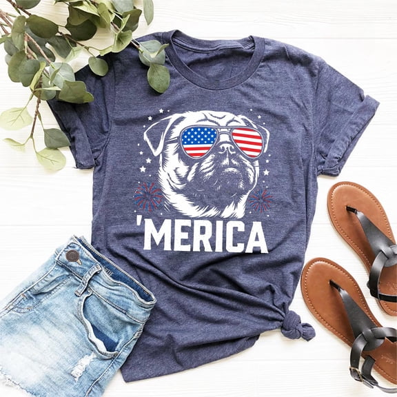 Patriotic Pug Merica Shirt Graphic Tee Cotton Tshirt 4th of July Gift for Dog Lover