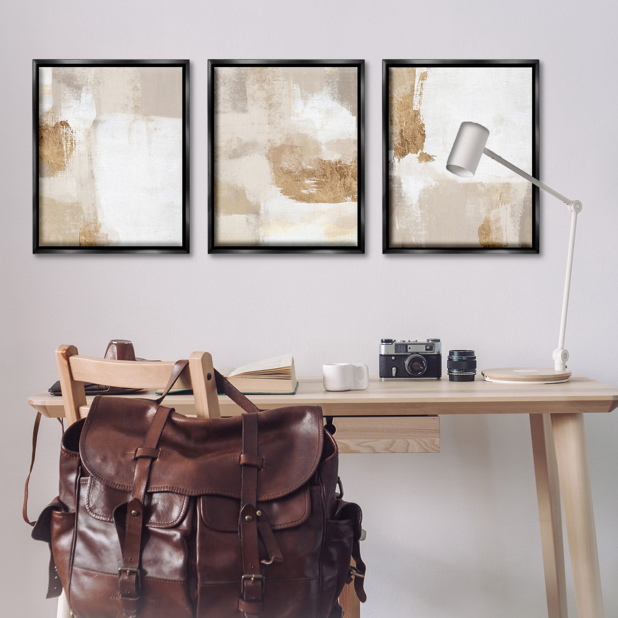 Stupell Industries Beige Modern Abstraction Abstract Painting Black Floater Framed Canvas Art Print Wall Art, 25 x 31, Set of 3
