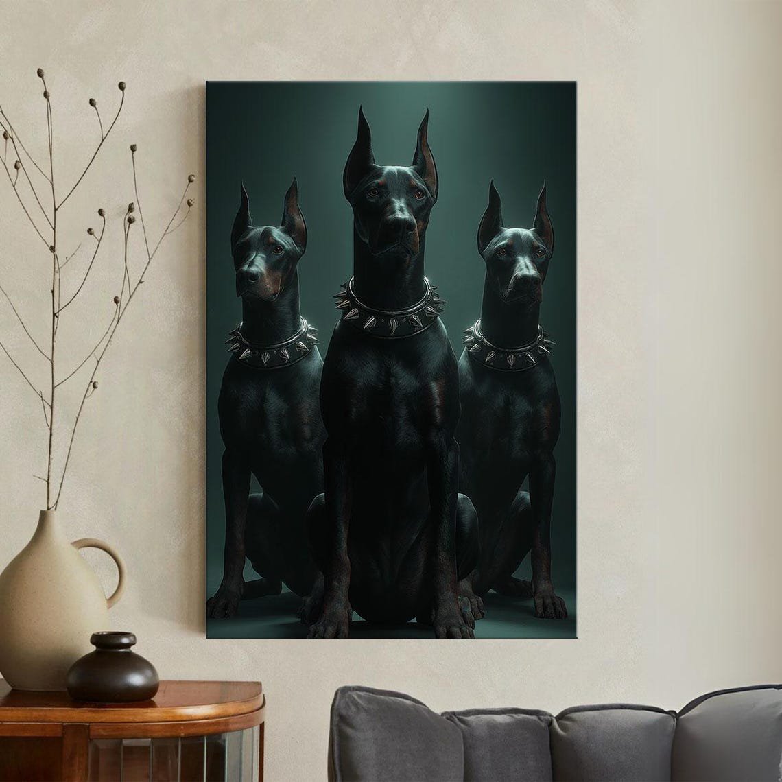 Doberman Trio Poster, Dark Green Gothic Wall Art