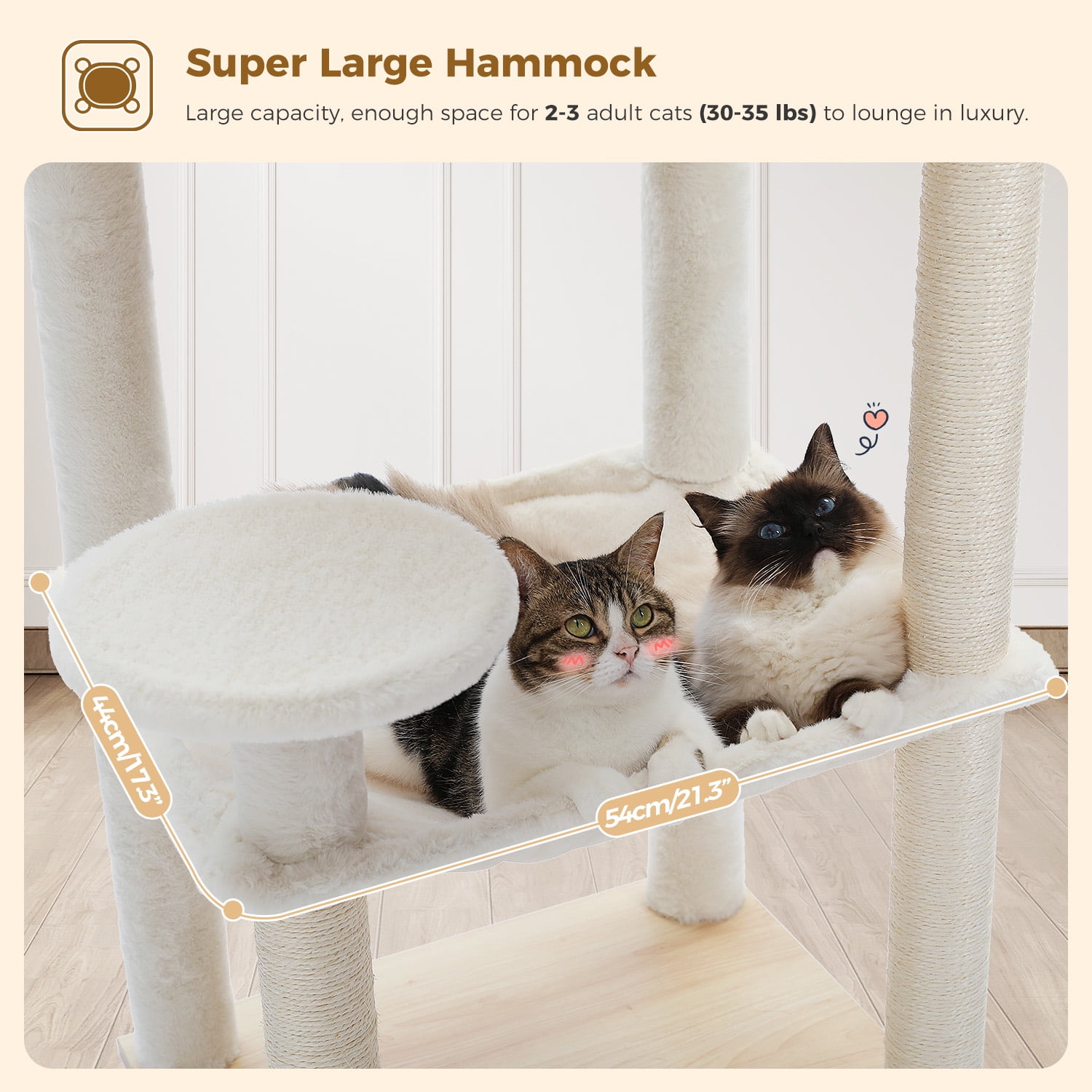 PEQULTI 56.3" Wood Cat Tree for Indoor Cat Cat Tower with Sisal Scratching Post and Large Hammock Beige