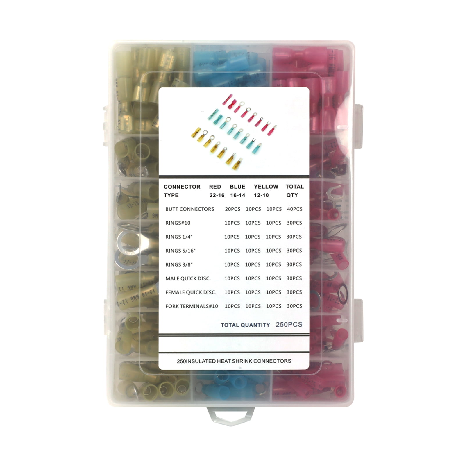 DNA Motoring ZTL-H-0003 250Pcs 22-16/14-16/10-12 AWG Translucent Nylon Insulation Wide Gauge Assortment Wire Terminal Assortment Set