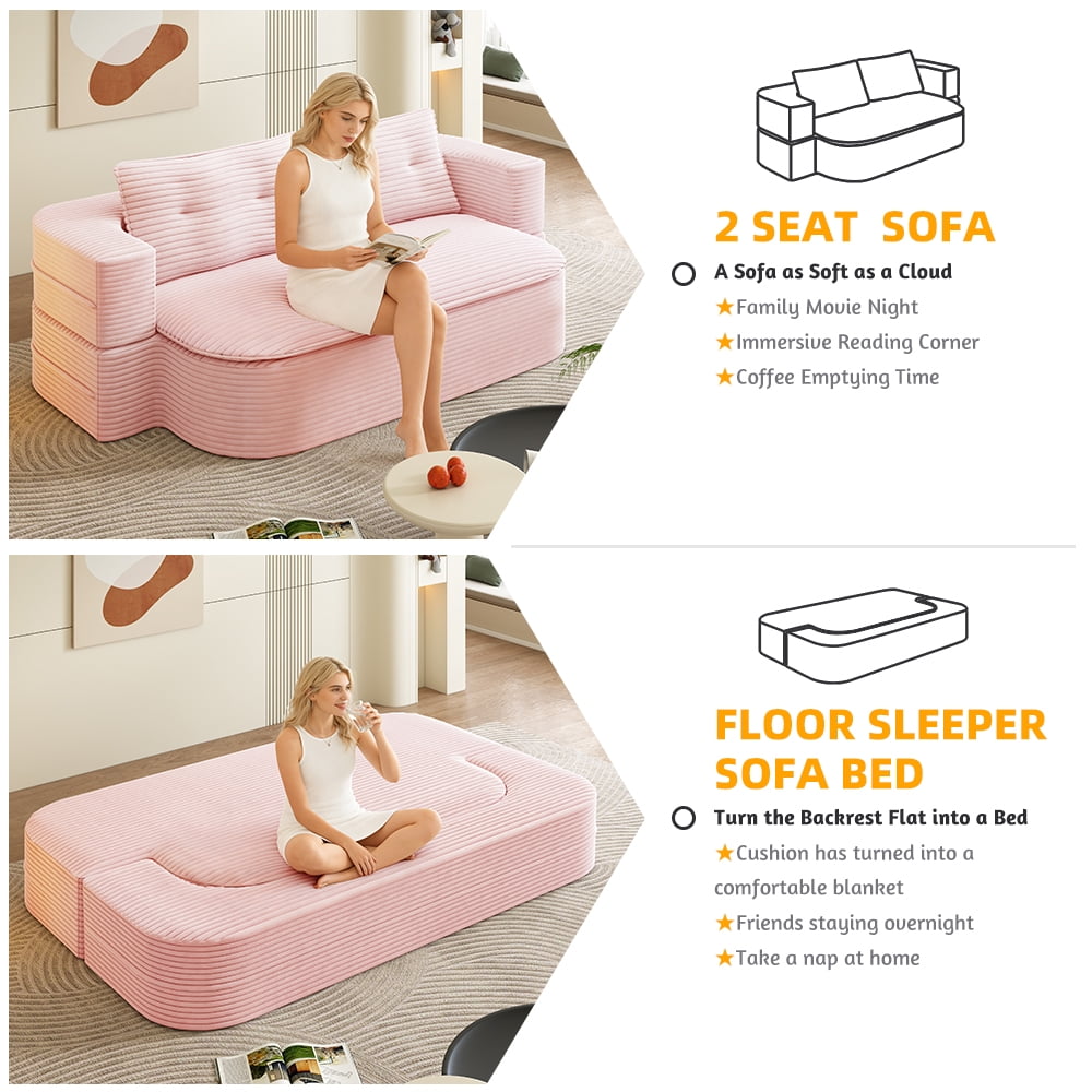 NeoKo 78" Full Size Floor Sofa, Folding Queen Sleeper Couch, Futon Loveseat Sofa, Corduroy Boneless Loveseat Couch, Fold Mattress Bed for Living Room, Guest Use, Office, Apartment, Baby Pink