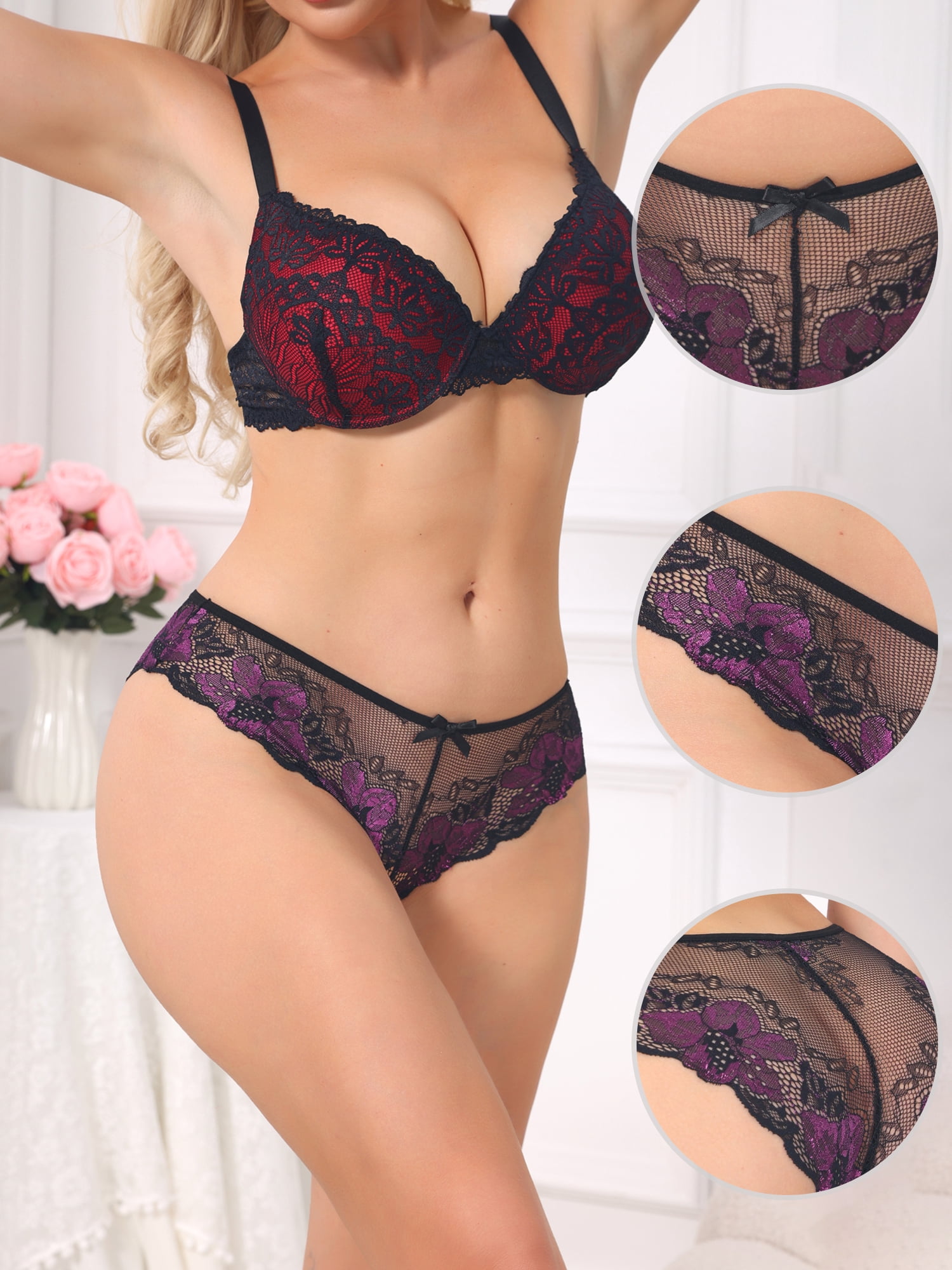 DARING DIVA Women's Lace Sheer Low Waist Underwear Beautiful Comfortable Briefs L Purple