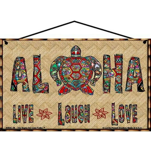 5x8 Aloha Hawaiian Themed Sign with a Colorful Tribal Turtle Honu Design - Live Laugh Love - Decorative Fun Universal Household Signs for Your Beach or Vacation Home