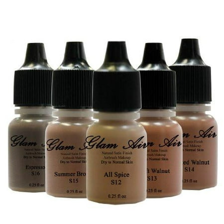 Glam Air Airbrush Water-based Large 0.50 Fl. Oz. Bottles of Foundation in 5 Assorted Dark Satin Shades (For Dry to Normal