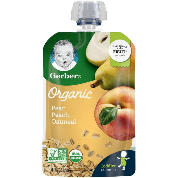 Gerber Organic Pear Peach Oatmeal Baby Food, 3.5 Oz Pouches (Pack of 6)