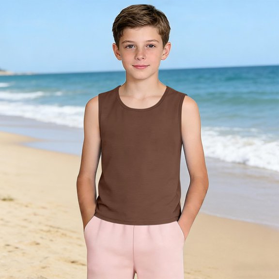 UACY Boys Tank Tops Casual Sleeveless Crewneck Athletic Workout Tees Basic Solid Undershirts (Coffee, 4-5 Years)