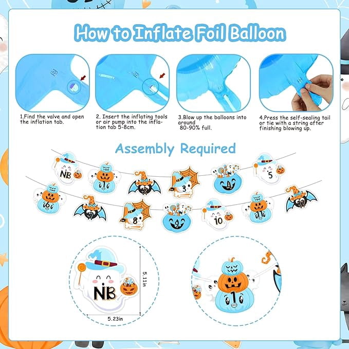 Partiqla Halloween 1st Birthday Party Decor Blue Our Little Boo is Turning One Backdrop High Chair Banner Foil Balloon Ghost Pumpkin Photo Banner Cake Bat Sticker Balloon Garland Arch Kit for Boys