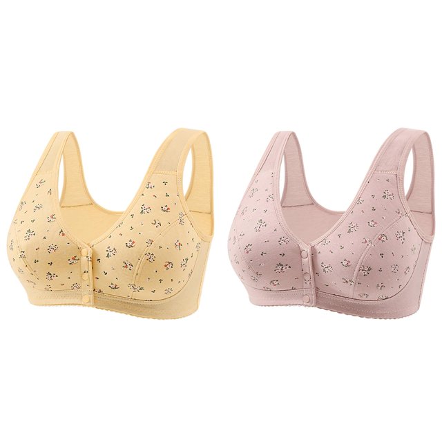 (2-Pack) Rinsvye Womens Print Front Clasp Middle Bra Wire Thin Big Size Soft Vest Bra