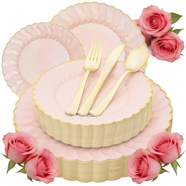 125 platos de plástico rosa con borde dorado, juego de platos de plástico festoneado incluye 25 cenas, 25 platos de postre, 75 cubiertos dorados para 25 geusts para bodas y fiestas de cumpleaños