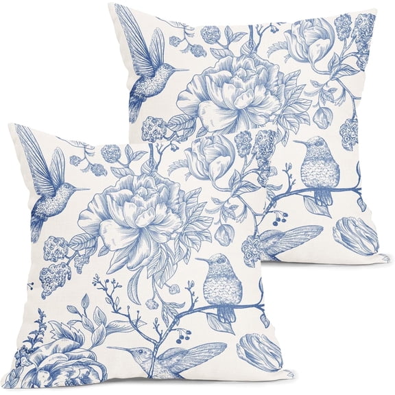 Chinoiserie Blue White Floral Pillow Covers 20X20 Inch French Country Vintage Flowers Bird Decorative Pillow Cases Set of 2 Seasonal Cotton Linen Throw Pillows Farmhouse Home Decor For Sofa Couch