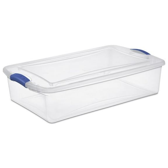 Sterilite 32 Liter Latch Box, Clear Plastic Storage Bin with Lid, Blue Latch