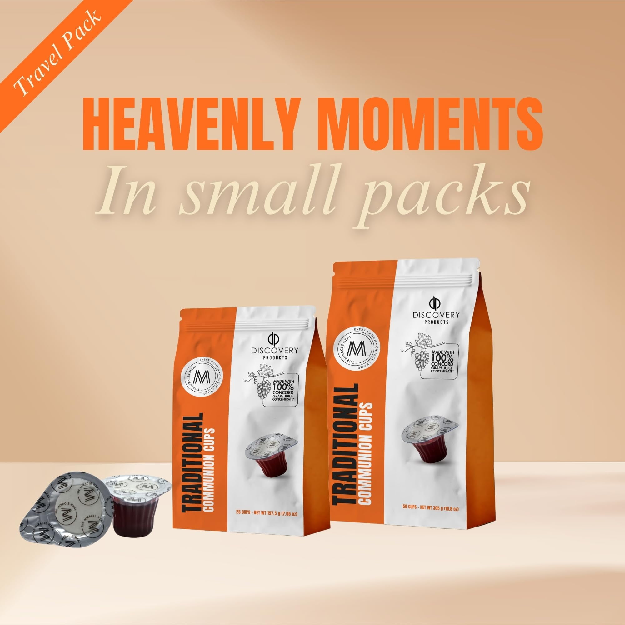 Discovery Products Travel Pack - Pre-Filled Traditional Communion Cup - Bag of 50 with Wafer and 100% Concord Grape Juice
