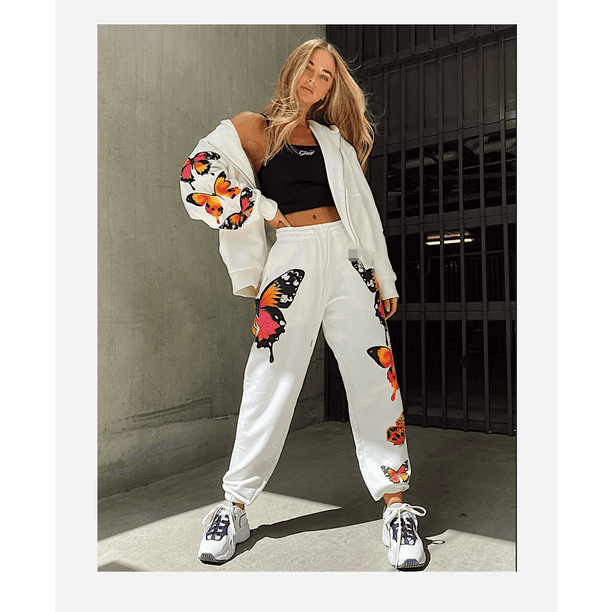 2 Pieces Sport Suit Set for Women Butterfly Printed Female Clothes Zipper  Up Hoodies Coats Pants White Black Street Wear 
