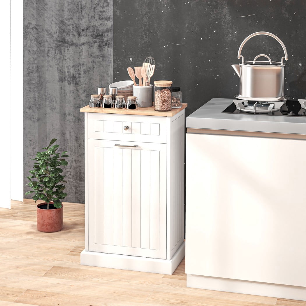 Kitchen Tilt Out Trash Cabinet, Freestanding Garbage Can Cabinet with Drawer, Recycling Bin Holder, Pet Proof Trash Storage, White