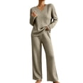 thumbnail image 2 of Maqroz Two Piece Outfits for Women Long Sleeve V Neck Ribbed Knit Pullover Sweaters Wide Leg Trousers Casual Fall Loungewear Matching Suits Dressy Streetwear, 2 of 7