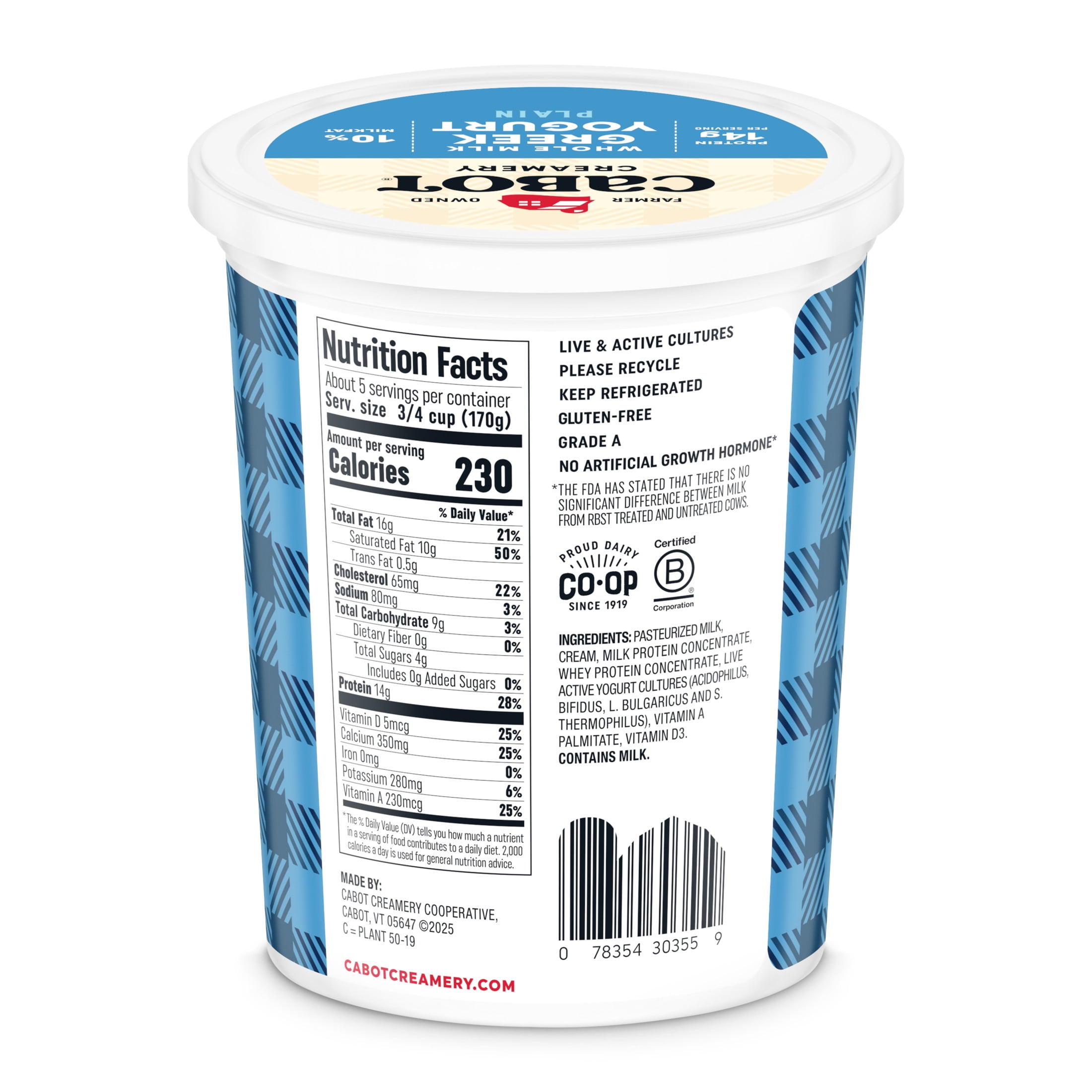 Cabot Creamery Cabot Whole Milk Plain Greek Yogurt 2 lb (Refrigerated  Tub)