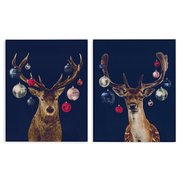 Stupell Industries Navy Brown Disco Deer Holiday Painting Wrapped Canvas Art Print Wall Art, 16 x 20, Set of 2