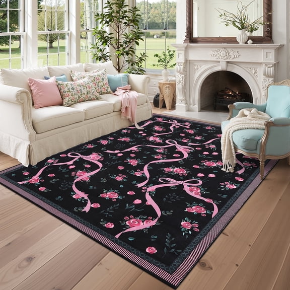Geetinfly 6x10 Modern Floral Print Area Rugs - Machine Washable, Soft Non Slip Indoor Carpet for Living Room, Bedroom, Dining Room Home Decor, Black