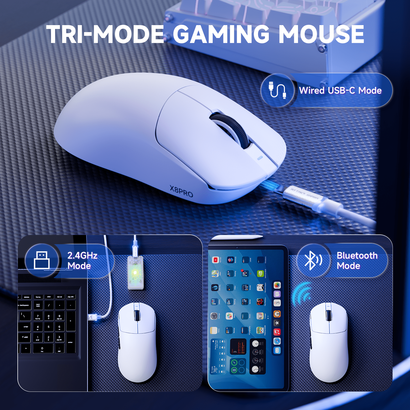 ATTACK SHARK X8PPO 8K Mouse for Large Hand, 55g SUPERLIGHT, PixArt PAW3395PRO Gaming Sensor, BT/2.4G Wireless/Wired, 6 Adjustable DPI up to 40000, 500mAh Battery (White)