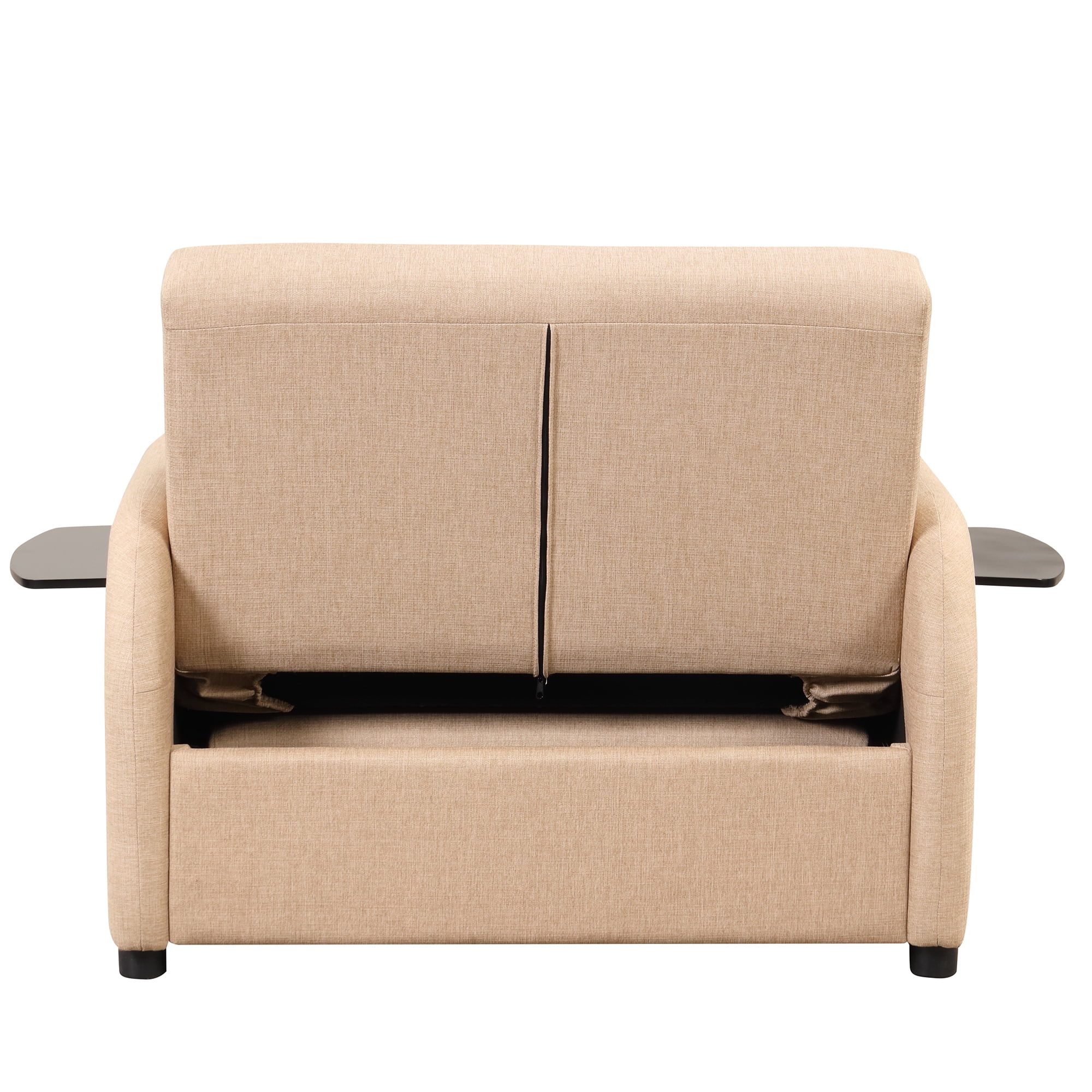 Pull Out Sofa Sleeper with Adjustable Backrest, 3 in 1 Multifunctional Sofa Bed with 2 Wing Table Side Pocket and USB Charge, Linen Fabric, for Living Room, Recreation Room, Beige