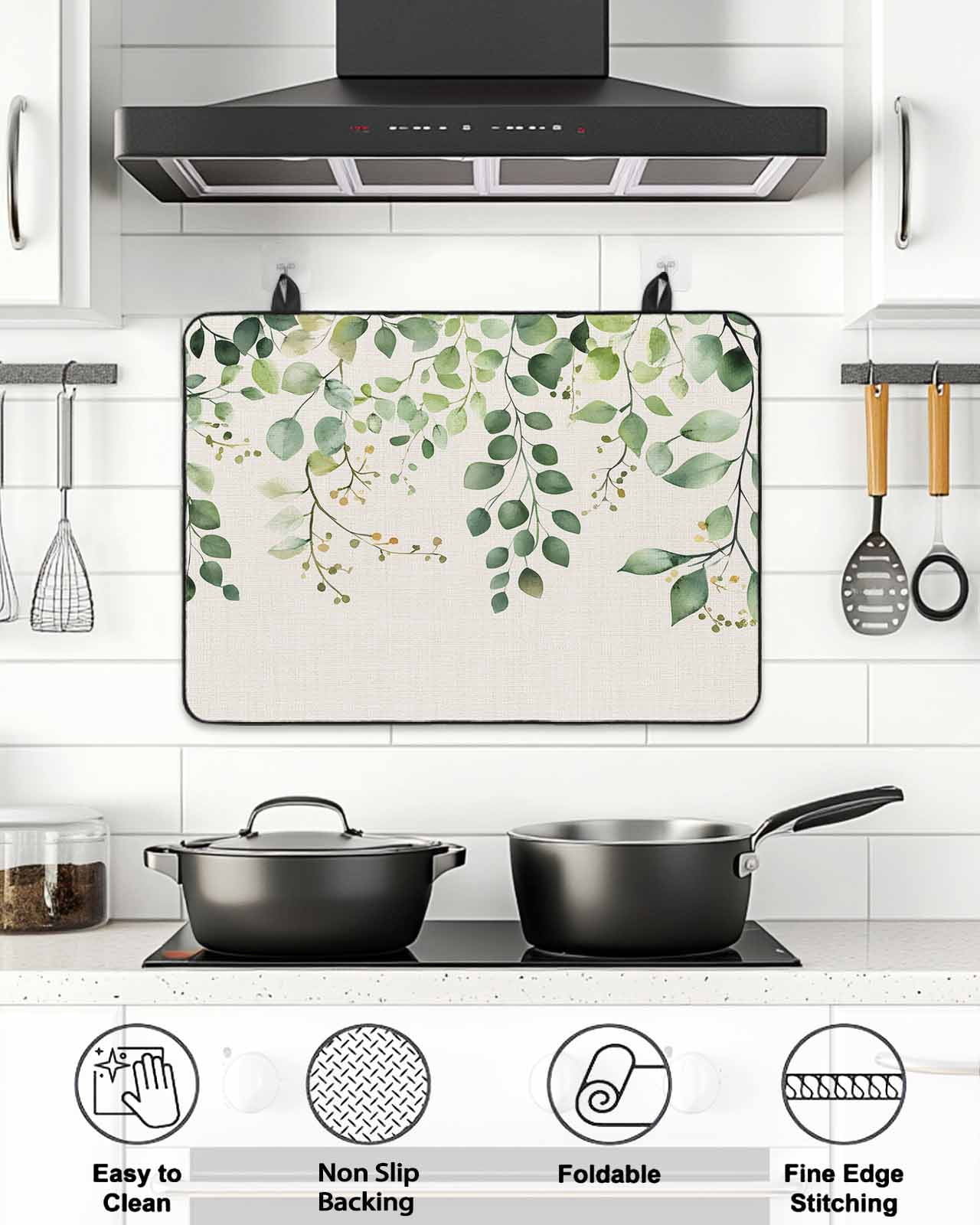 Stove Top Covers for Electric Stove, Green Eucalyptus Glass Stovetop Cover Protector, Vintage Leaves Flower Spring Summer Induction Cooktop Protector Oven Mat for Kitchen Countertop 24"x21"