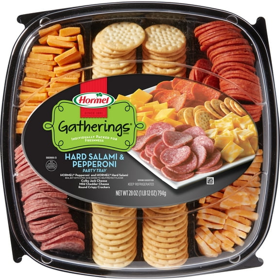 HORMEL GATHERINGS, Hard Salami and Pepperoni with Cheese and Crackers, Plastic Deli Party Tray 28 oz
