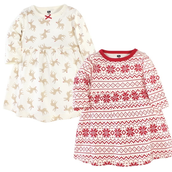 Luvable Friends Hudson Baby Long-Sleeve Dresses 2pk, Holiday Deer, 0-3M