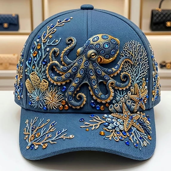 3D Ocean Creatures Embroidery Cap, Adjustable Cotton Baseball Cap, Raised Embroidered Sea Animal Hat for Beach Travel(Octopus)