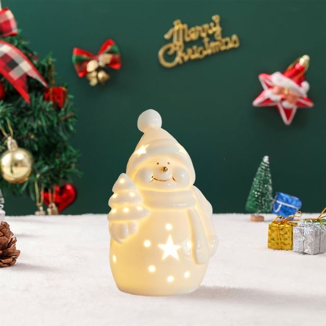 CaiYueKe Glow in The Dark Ceramic Christmas Ornament, Luminous Holiday Tabletop Night Light with Santa Snowman Deer Figurines, Warm White Festive Ceramic Holiday Scene for Christmas Home Decor