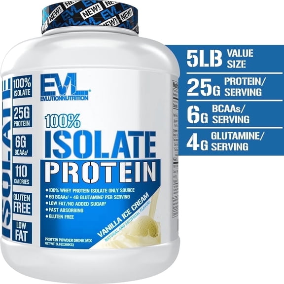 Whey Protein Powder 100% Isolate 25g - Evlution Nutrition Whey Isolate Protein Powder 5 LB - No Sugar Added, Low Carb, Gluten Free - EVL Fast Absorbing Vanilla Protein Powder with BCAA
