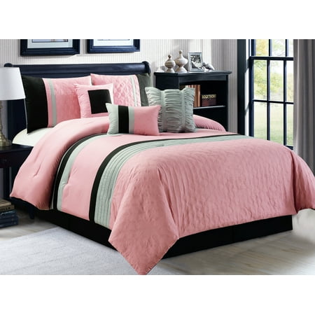7 Pc Leaves Embossed Pleated Ruffled Striped Comforter Set Pink