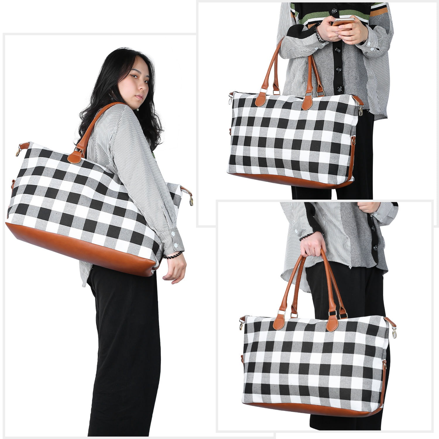 Moclever Women Duffle Bag Weekend Overnight Bag Tote Bags Portable Diaper Bag Outdoor, White Plaid