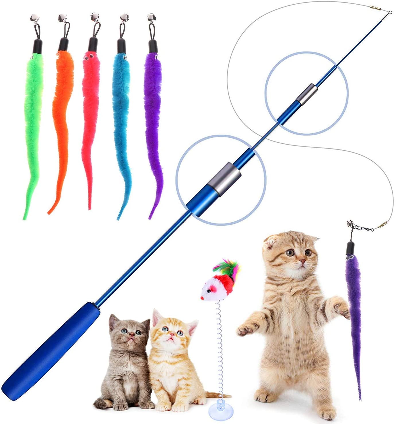 Beads Bells Kitten Wand Toys MAIYU Cat Feather Wand Toy 3 Pack Steel Wire Feather Interactive Cat Stick Training Pet Teaser with 3 PCS Worm Toy Replacement Refill for Free 
