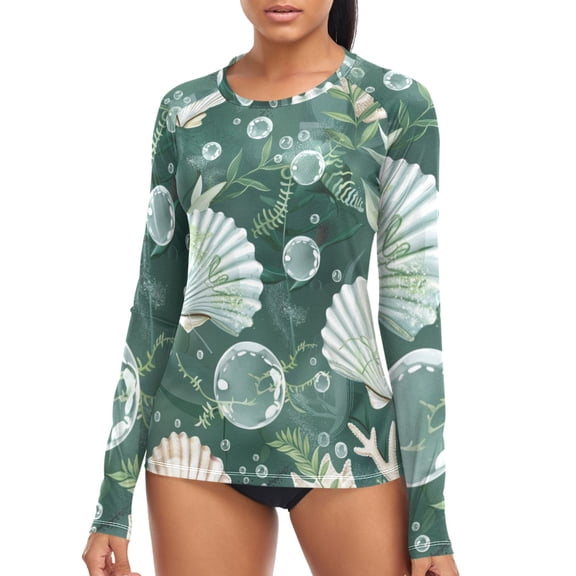 joogoo Womens UPF 50 Sun Shirts Seashells Seaweed and Bubbles Long Sleeve UV Protection Rash Guard Tops S