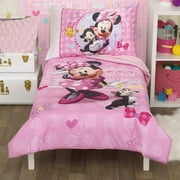 Disney Minnie Mouse Helping Friends 4 Piece Toddler Bedding set - Fitted Sheet, Pillow Case, Top Sheet, and Comforter Quilt - Pink