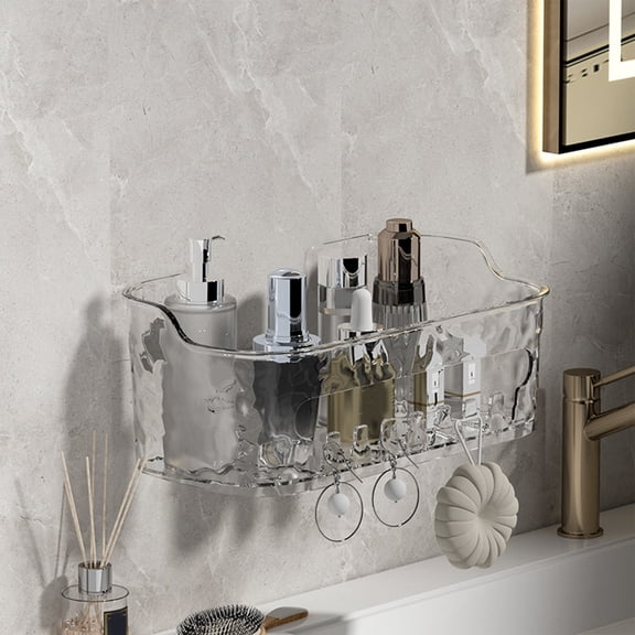 Tgbvmt Transparent Wall Mounted Storage Box Large Capacity Drainage Ports 7 Hooks for Bathroom Makeup Kitchen Supplies Home Organizer No Drill Adhesive Multipurpose Storage Container