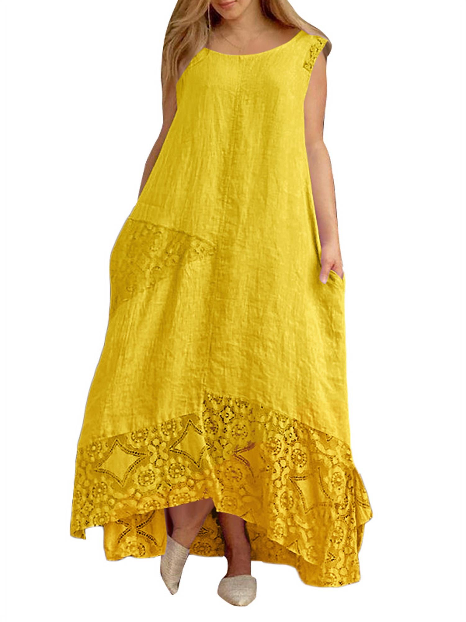 VONDA Women's Sleeveless Lace Patchwork Loose Maxi Dress Summer Dress