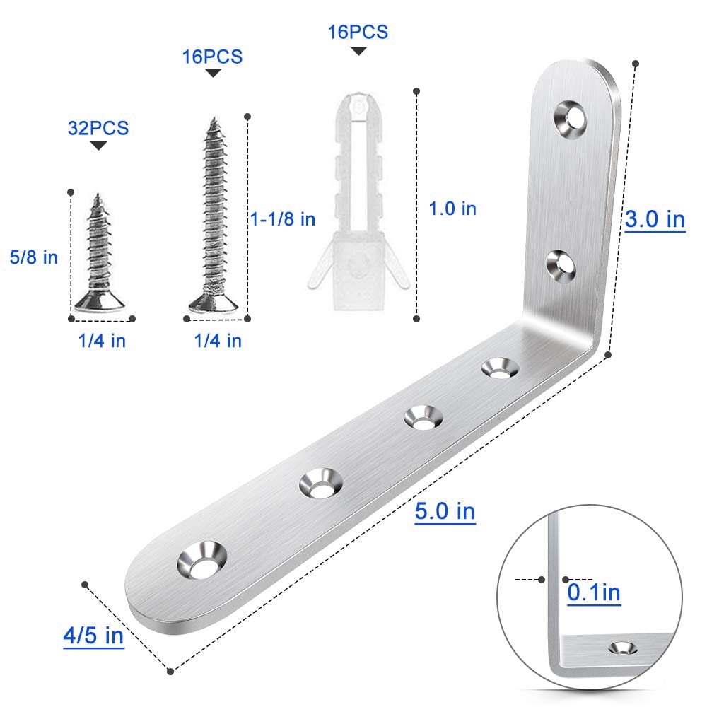Color: Silver Linear Rails 4Pcs Corner Brackets 3 X 5 Inch,Right Angle Bracket 304 Stainless Steel with Screws,L Shaped Brackets for Shelves Furni 