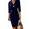 thumbnail image 3 of Women'S Work Dress 3/4 Sleeve V Neck Bodycon Sheath Dress Zipper Up Office Business Dresses with Belt Dark Blue L, 3 of 5