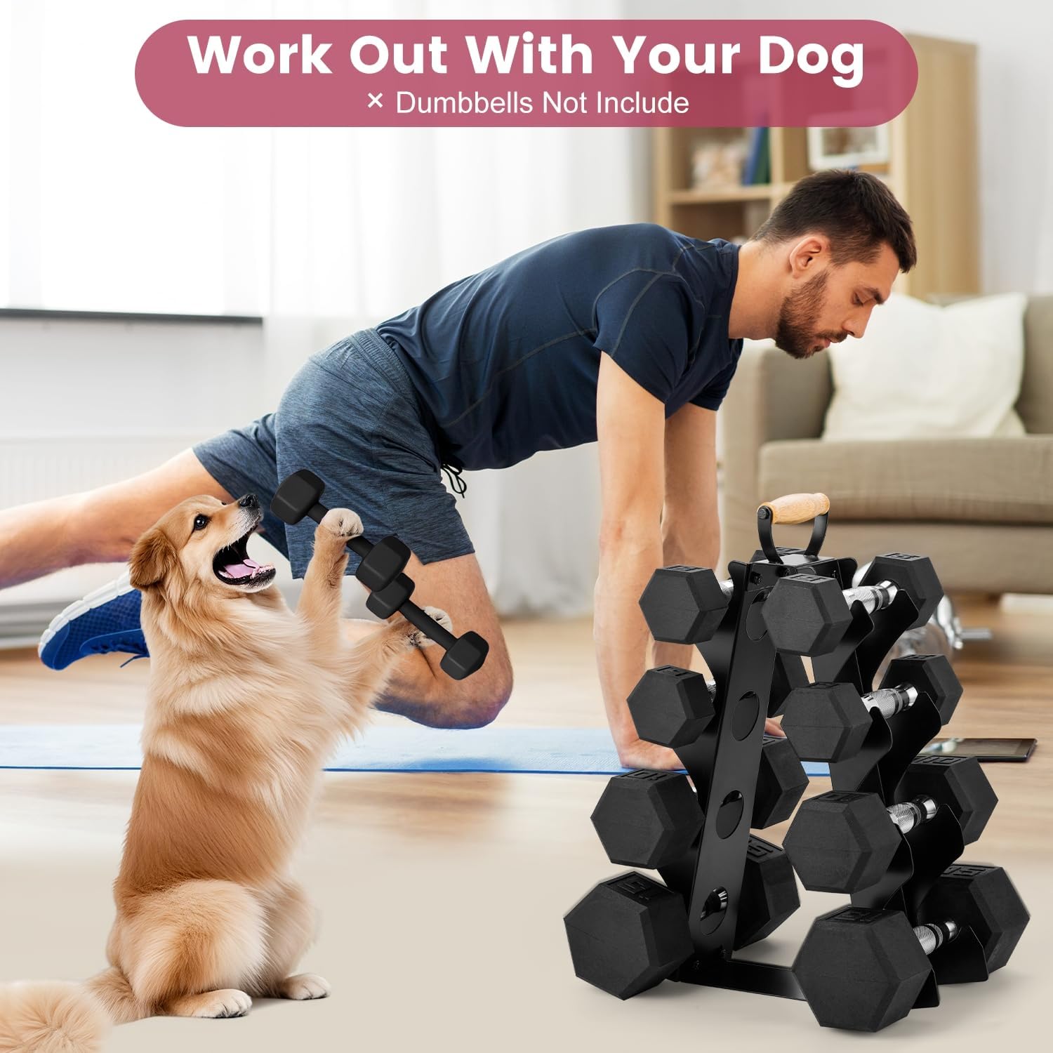 Wetheny Dumbbell Rack Stand Only (Dumbbells not Included), Compact A-Frame Weight Rack with Wooden Handle, for Home Gym Workout