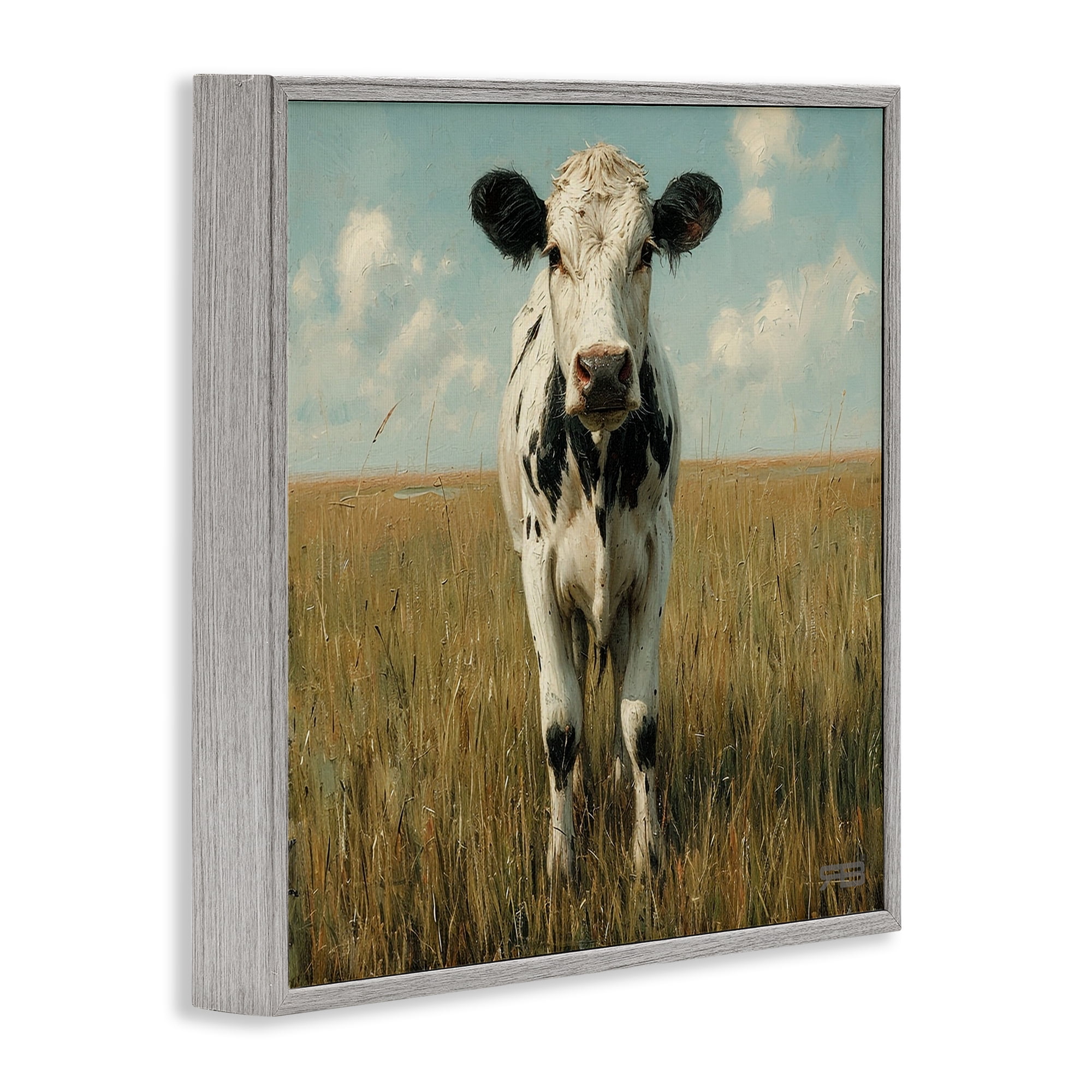 Stupell Industries Cow in Verdant Field Animals & Insects Painting Gray Framed Art Print Wall Art, 24 x 24
