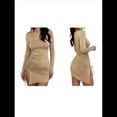thumbnail image 3 of Vestido Corto de Punto Elástico, Ajustado, Fruncido, con Cordón Ajustable, Liso, de Otoño, Cuello Redondo, Larga Caqui XL, 3 of 7