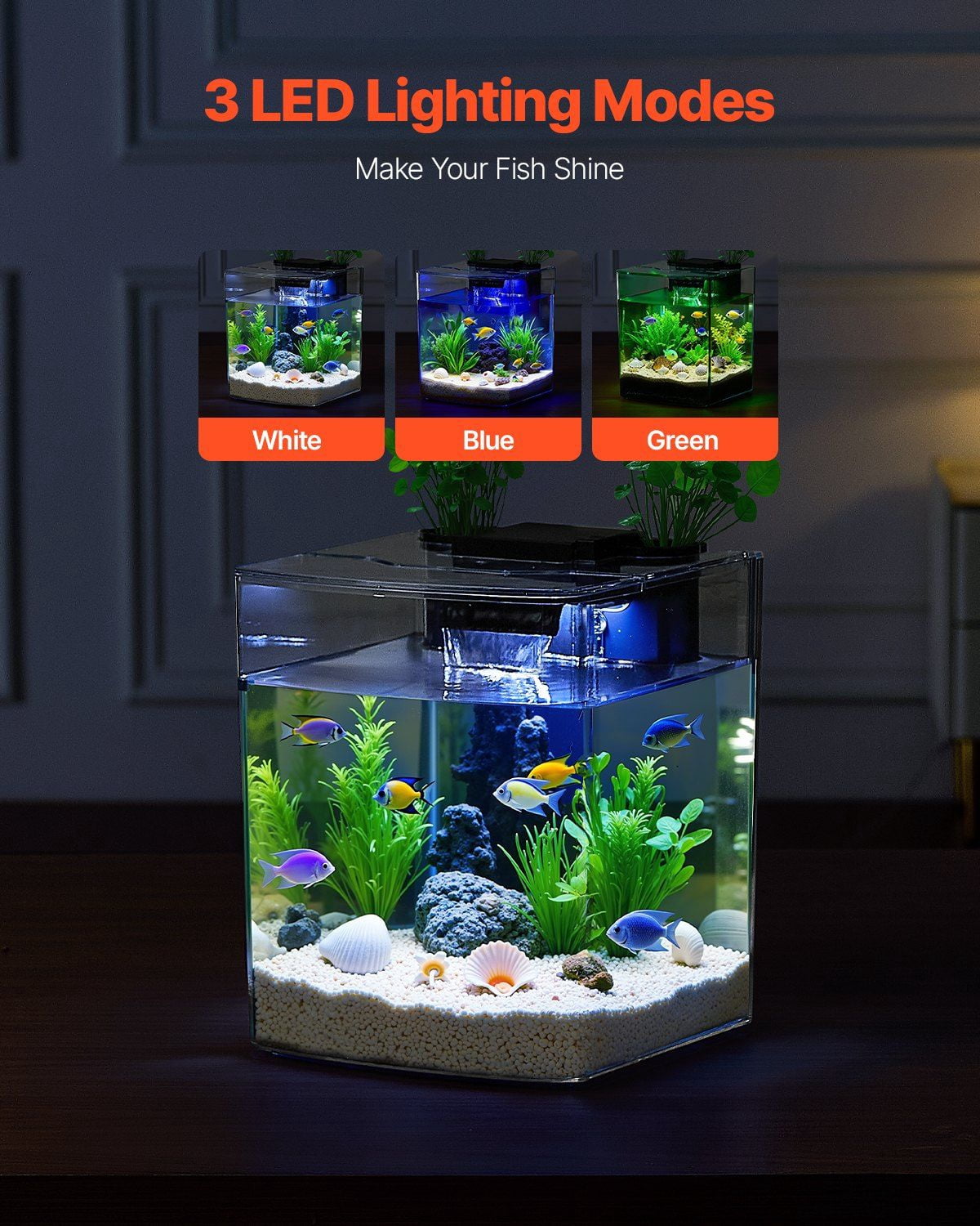 2 Gallon Fish Tank Aquarium Smart Arch Design with Clear GPPS Material, 3 Color LED Lighting, Self-Cleaning Function, Oxygenation and Water Circulation, Durable 3mm Thick Tank