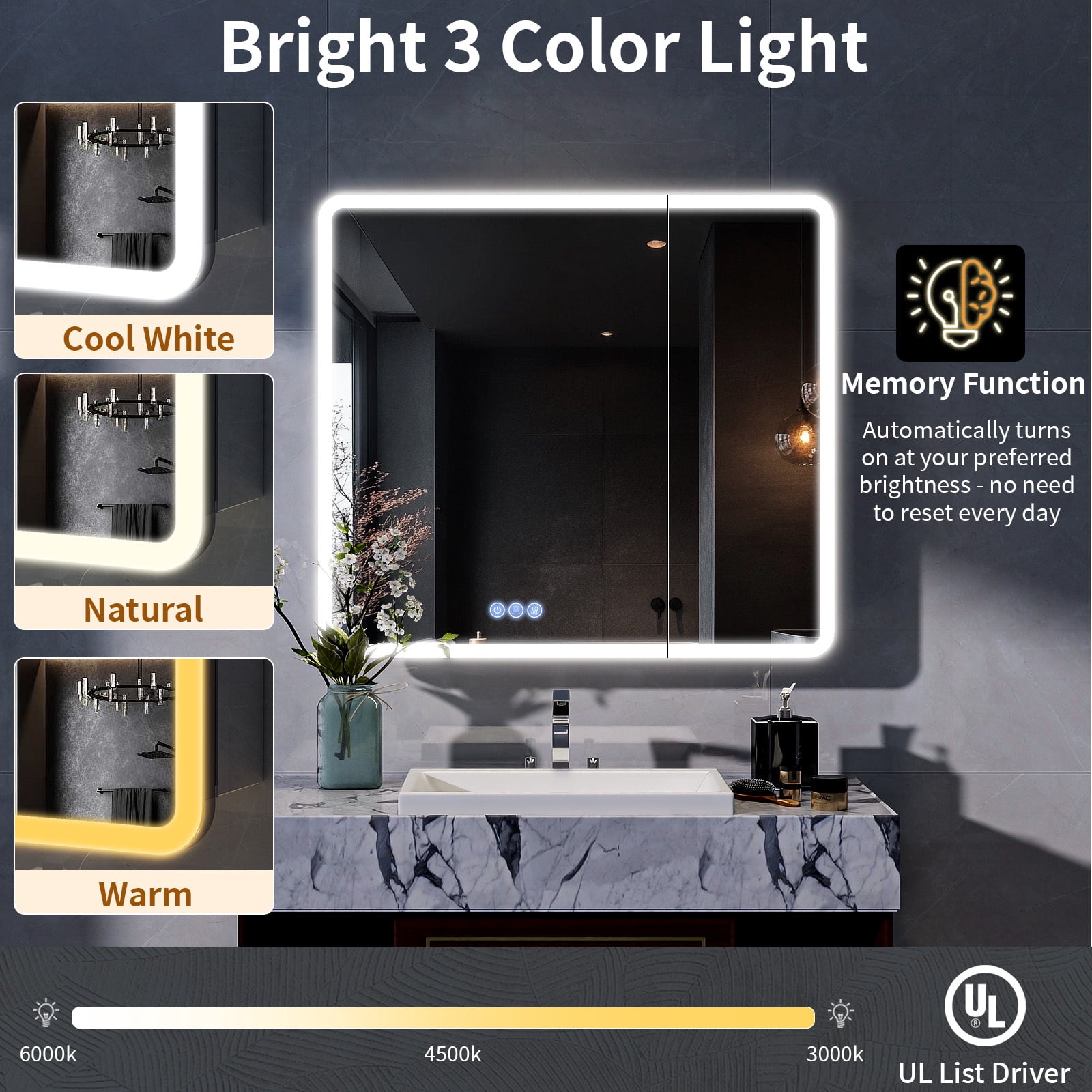 BEAUTYPEAK 36" x 32" Bathroom LED Mirror Medicine Cabinet with Storage Adjustable 3 Color Temperature