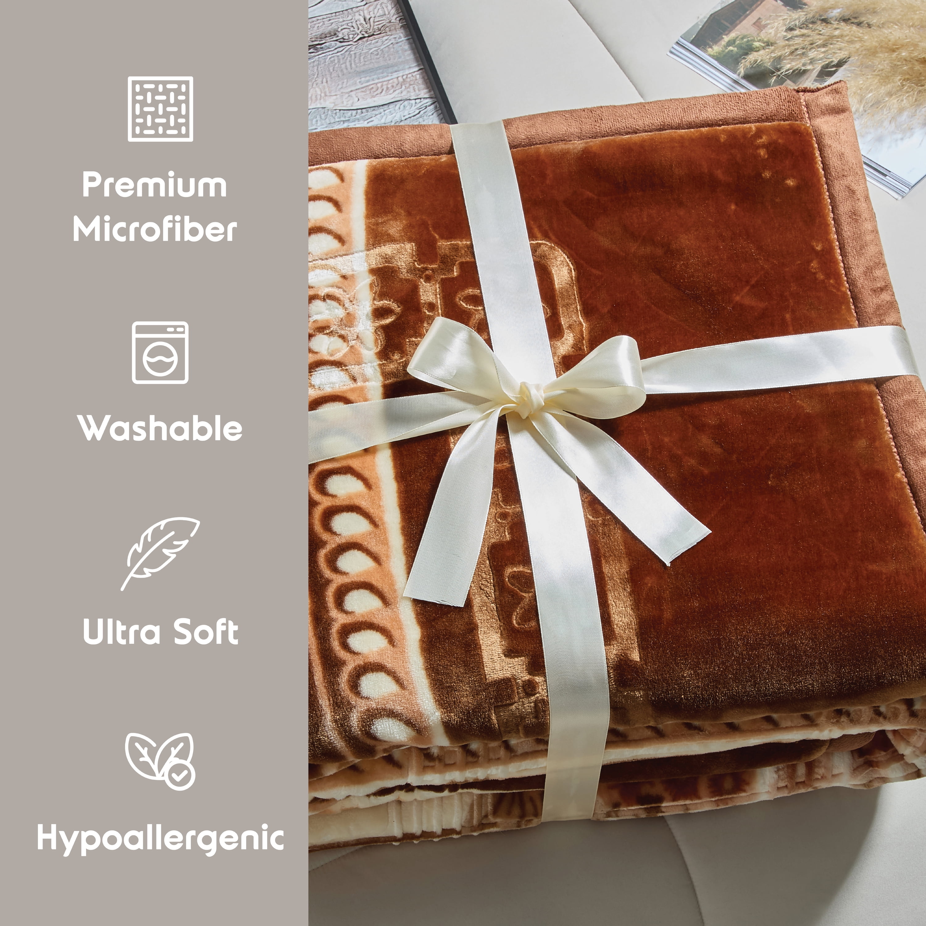 Lammaloe Queen Size Korean Mink Fleece Blanket for Winter, 9 lbs, 79" x 94", Heavy 2-Ply Warm Heavyweight Raschel Bed Blankets, Reversible Printed, Brown