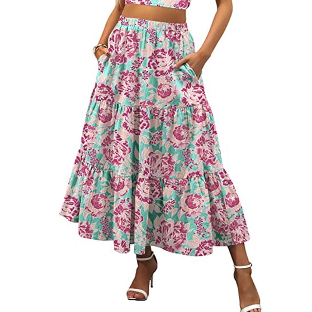 Falda de verano para mujer Txlixc Boho cintura elástica plisada línea A larga con bolsillos S/M/L/XL
