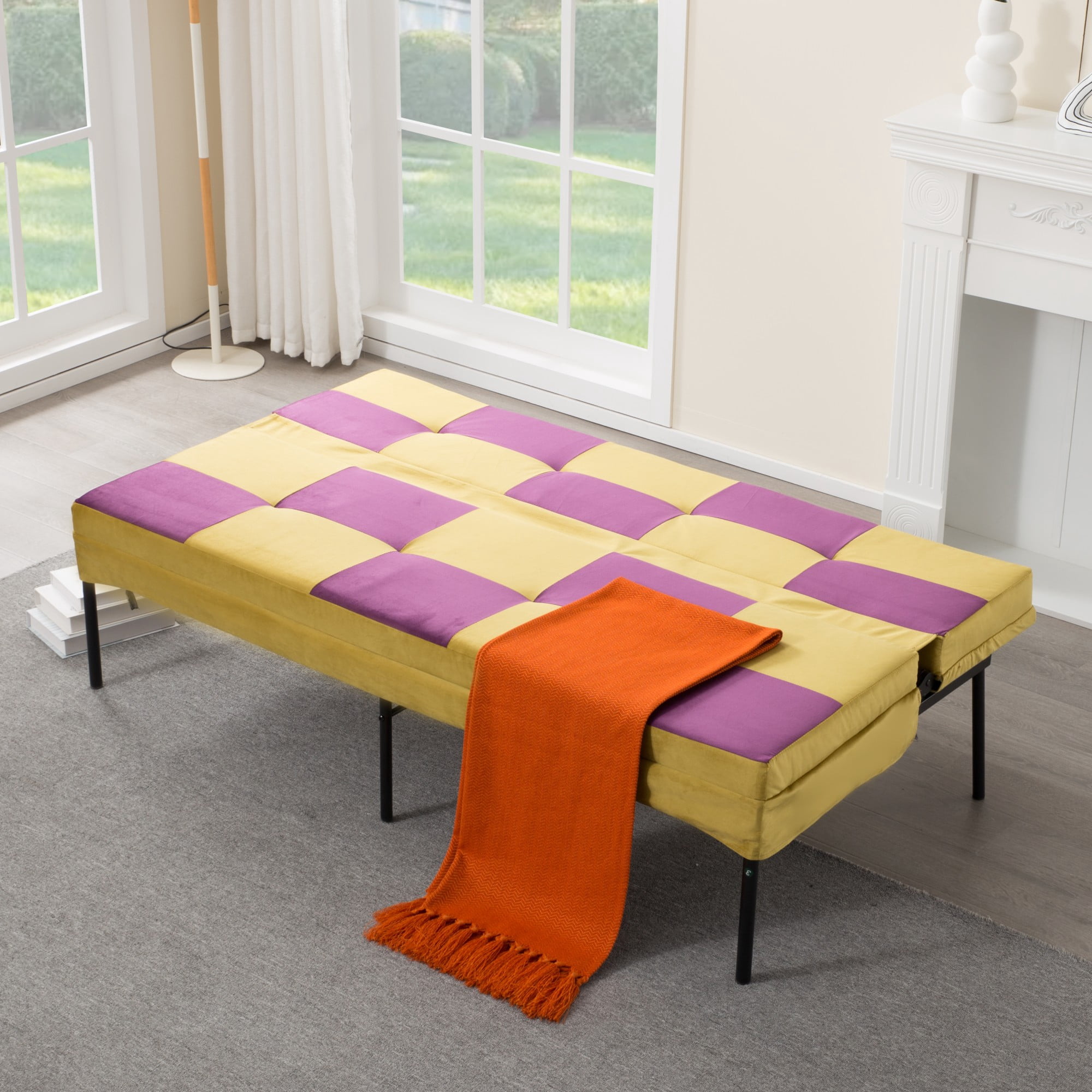 DEALTOPS 63" Checkered Velvet Futon, 2-in-1 Dual-Tone Convertible Sleeper Sofa with 5-Position Recline, Yellow